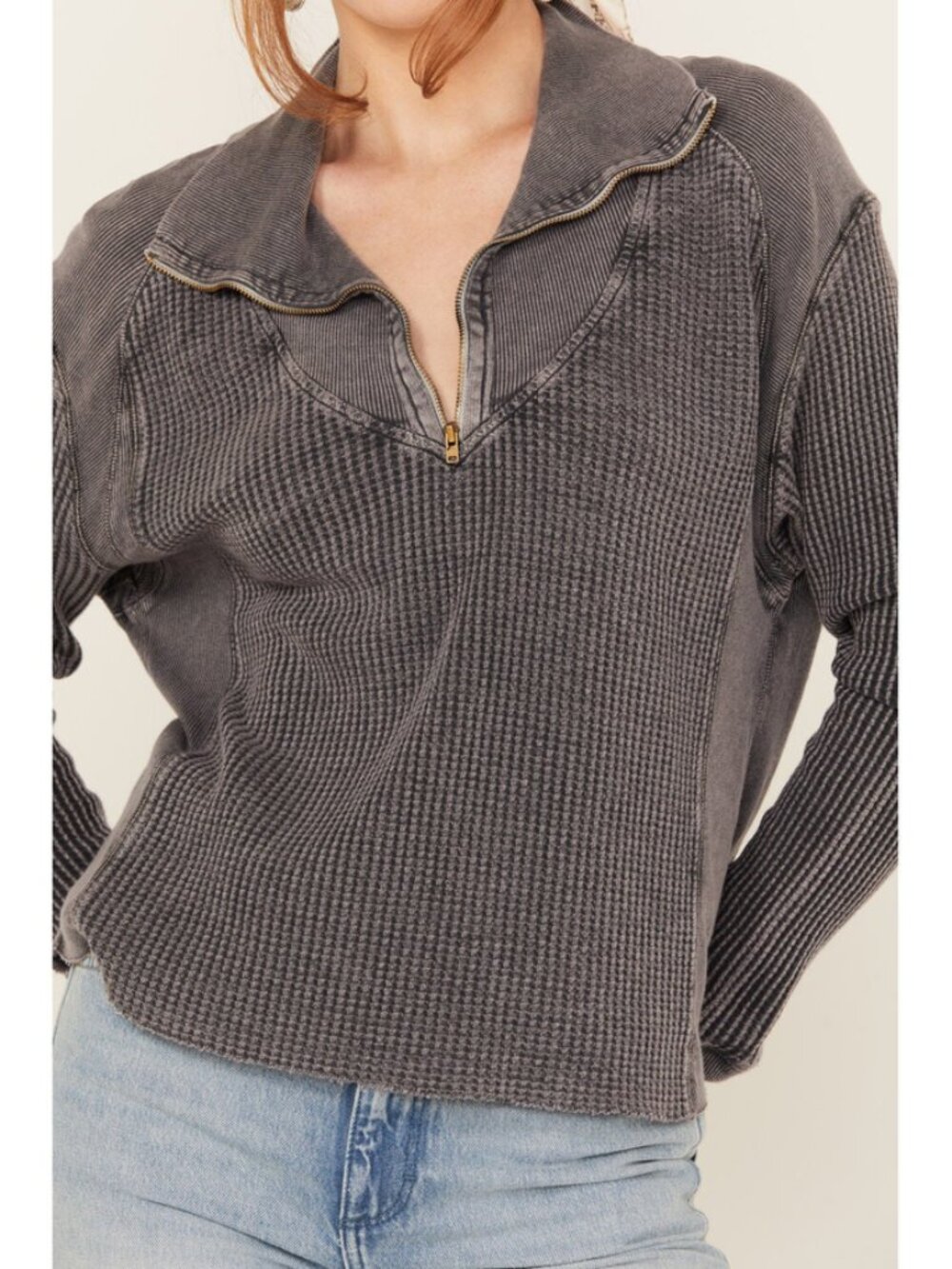 Free People FP One Ashton Zip Thermal Long Sleeve Relaxed Ribbed Gray Top S